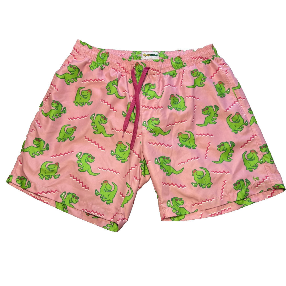 Tipsy Elves Men’s Swim Trunks XXL Pink Dinosaur Print Board Shorts Funny Retro